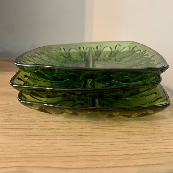 Green Glass Two Part Divided Relish Plate Square Optic 7in Set Of 3 - Picture 2 of 11